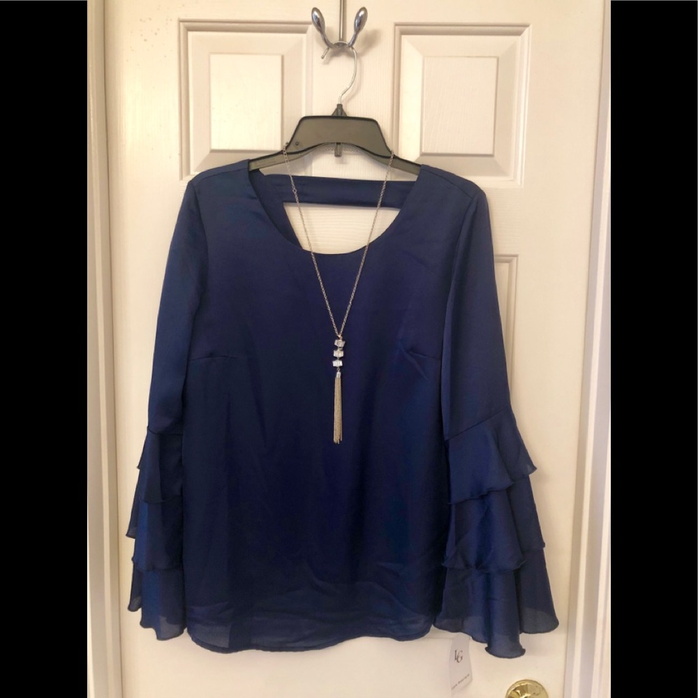 Navy Blue Bell Sleeve Blouse
